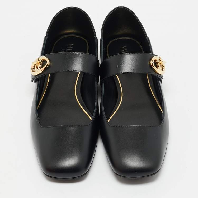 Pre Owned Valentino Black Leather VLogo Mary Jane Ballet Flats Size 38.5