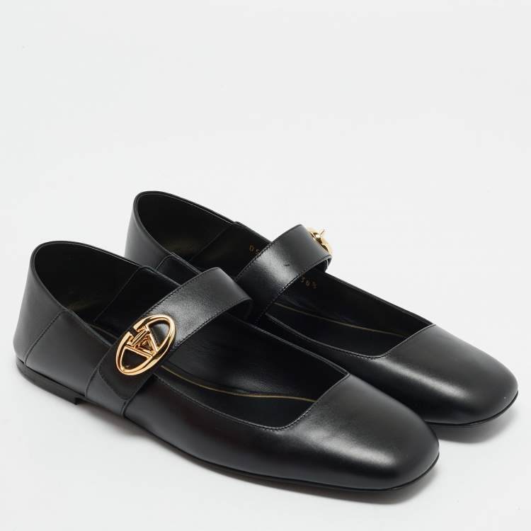 Pre Owned Valentino Black Leather VLogo Mary Jane Ballet Flats Size 38.5