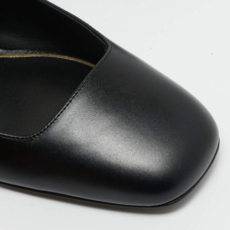 Pre Owned Valentino Black Leather VLogo Mary Jane Ballet Flats Size 38.5