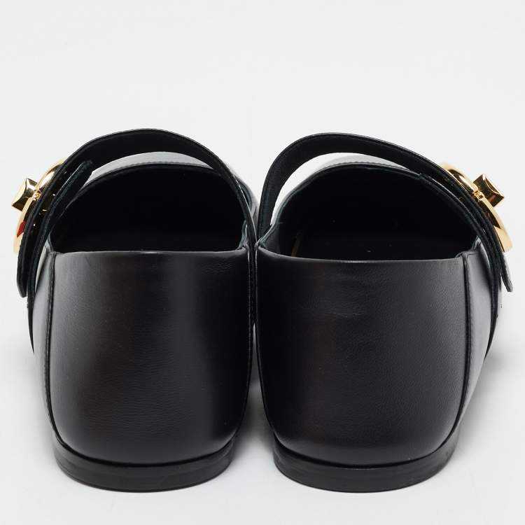 Pre Owned Valentino Black Leather VLogo Mary Jane Ballet Flats Size 38.5