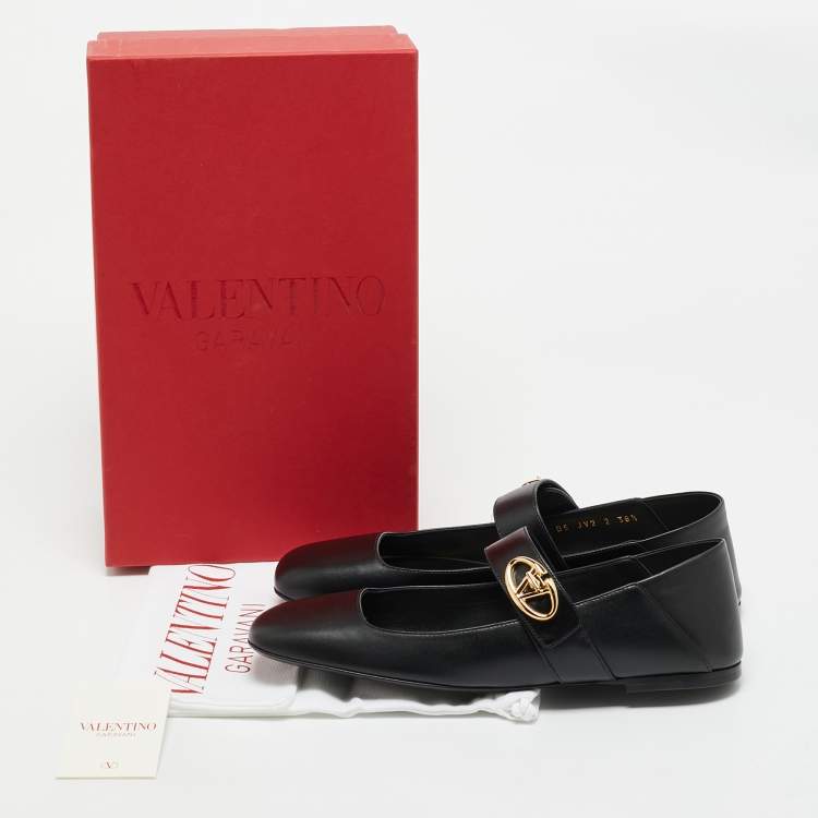 Pre Owned Valentino Black Leather VLogo Mary Jane Ballet Flats Size 38.5