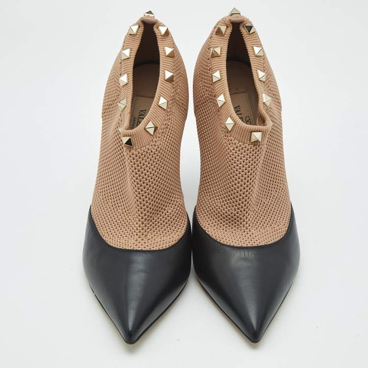 Pre Owned Valentino Beige/Black Leather and Knit Fabric Rockstud Ankle Length Boots Size 37
