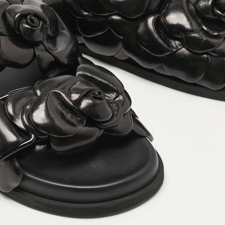 Pre Owned Valentino Black Leather 03 Rose Edition Atelier Flat Slides Size 36