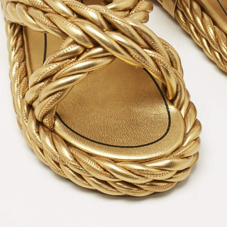 Pre Owned Valentino Gold Leather The Rope  Ankle Wrap Flat Sandals Size 36