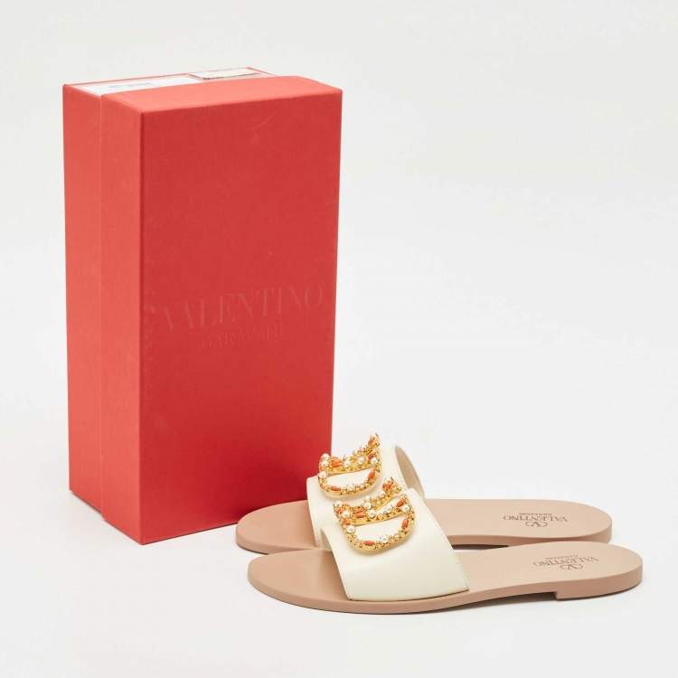 Pre Owned Valentino Ivory Leather Embellished VLogo Flat Slides Size 38.5