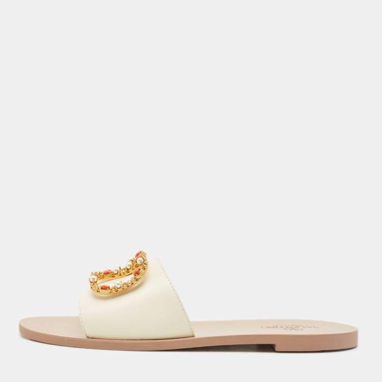 Pre Owned Valentino Ivory Leather Embellished VLogo Flat Slides Size 38.5