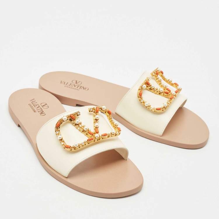 Pre Owned Valentino Ivory Leather Embellished VLogo Flat Slides Size 38.5