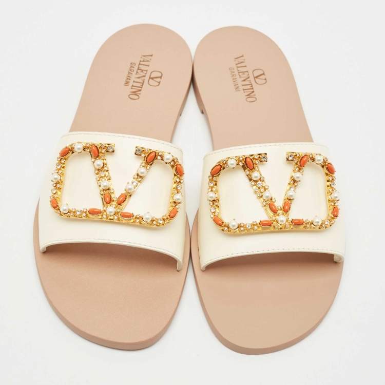 Pre Owned Valentino Ivory Leather Embellished VLogo Flat Slides Size 38.5