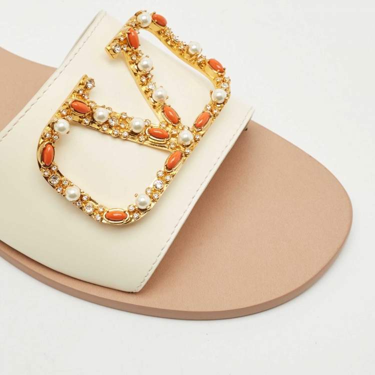 Pre Owned Valentino Ivory Leather Embellished VLogo Flat Slides Size 38.5