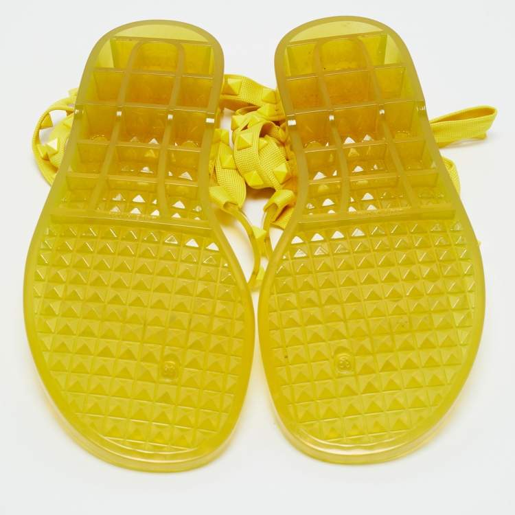 Pre Owned Valentino Yellow Fabric and Rubber Rockstud Thong Ankle Wrap Flats Size 39