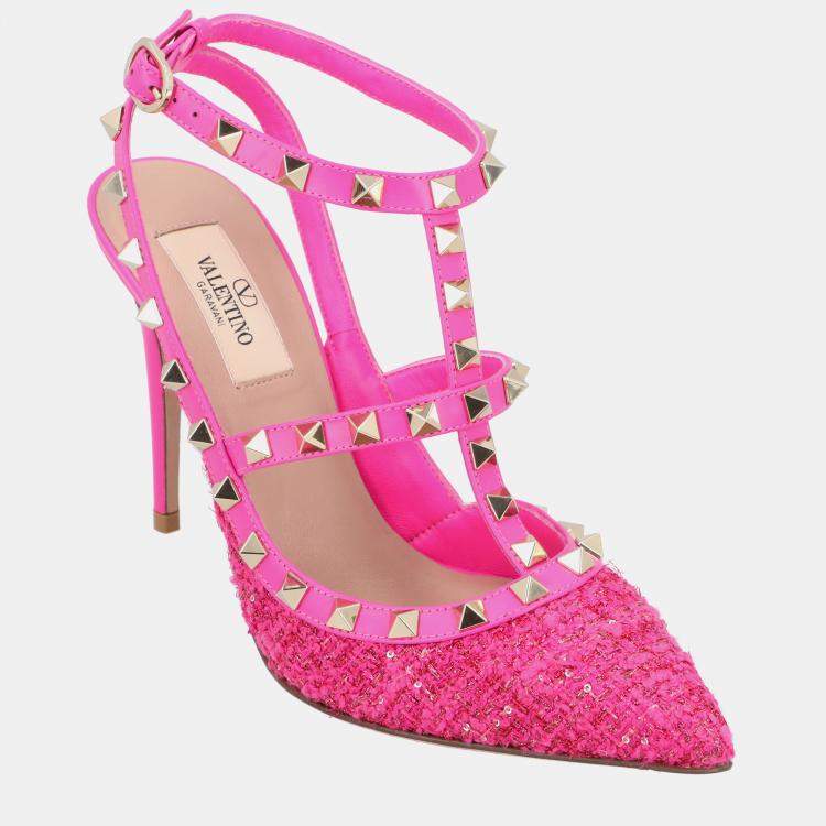 Pre Owned Valentino Caged 100 Tweed & Leather EU 38 Pink Pump