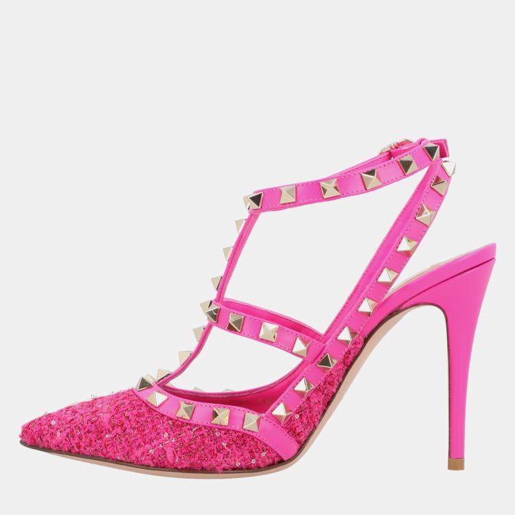 Pre Owned Valentino Caged 100 Tweed & Leather EU 38 Pink Pump