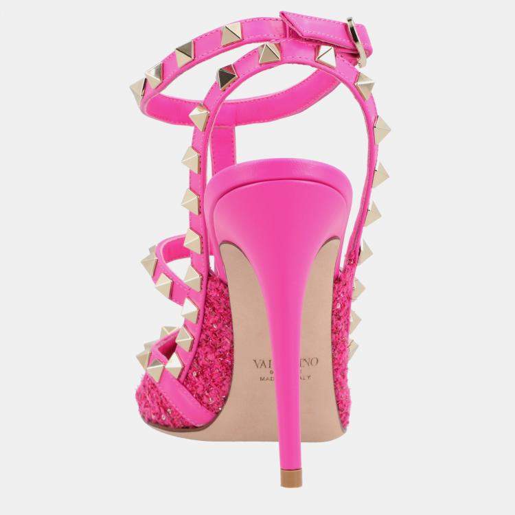 Pre Owned Valentino Caged 100 Tweed & Leather EU 38 Pink Pump