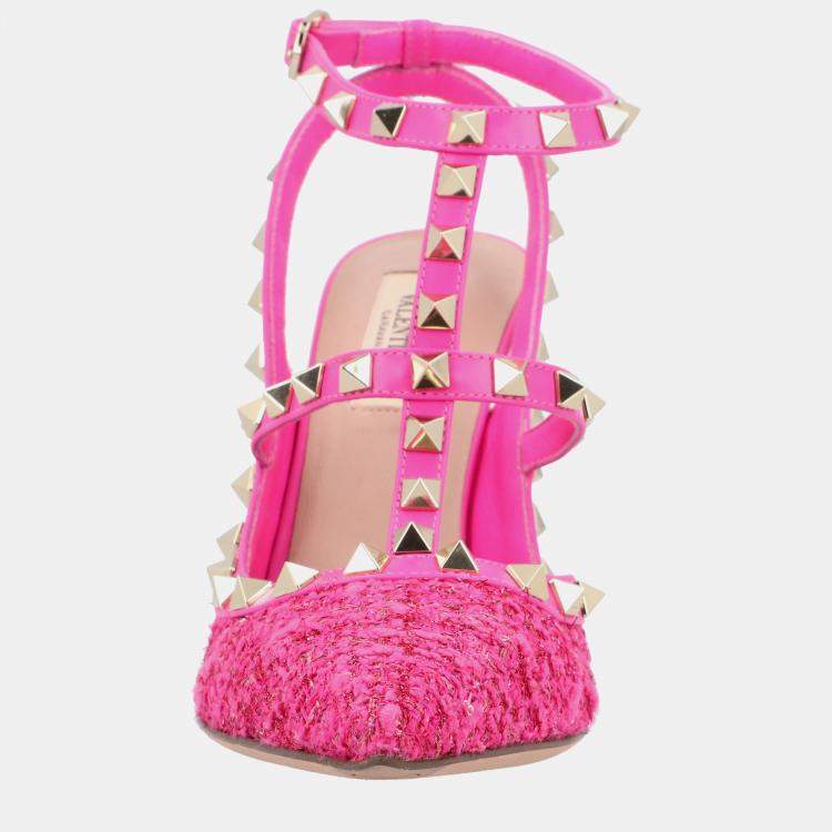 Pre Owned Valentino Caged 100 Tweed & Leather EU 38 Pink Pump