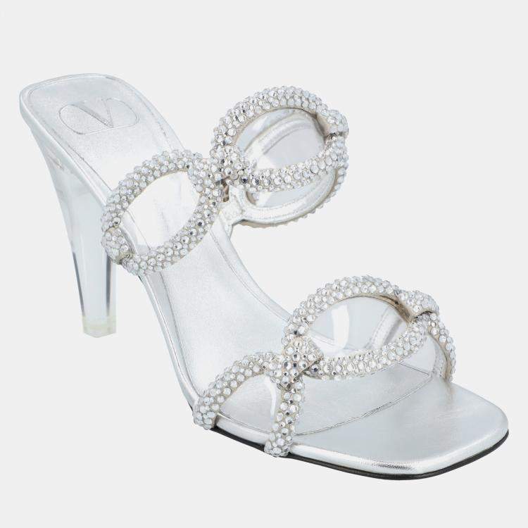 Pre Owned Valentino Chain 1967 Slide EU 37 Silver Leather Sandals