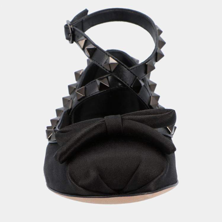 Pre Owned Valentino Rockstud EU 37 Black Satin Ballerinas