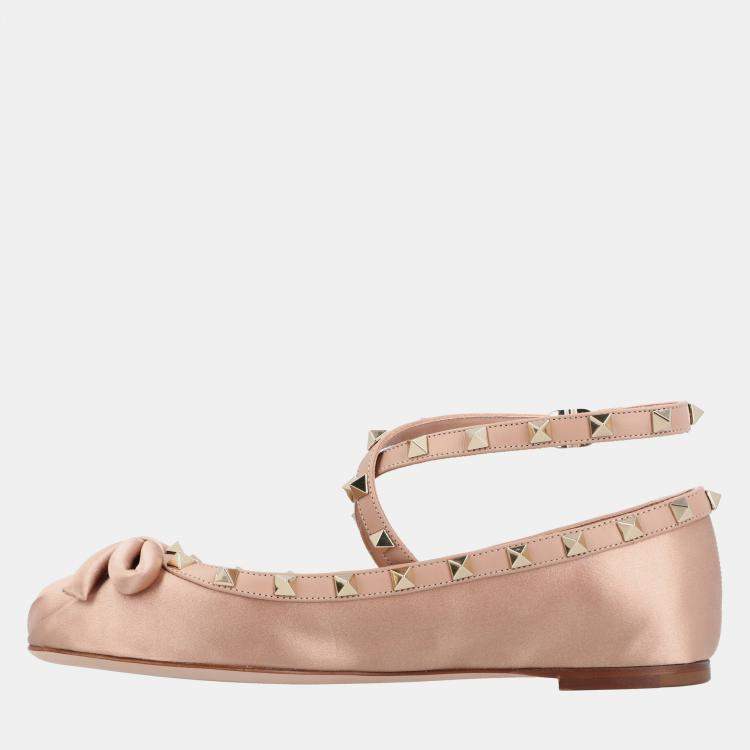 Pre Owned Valentino Rockstud EU 37 Pink Satin Ballerinas