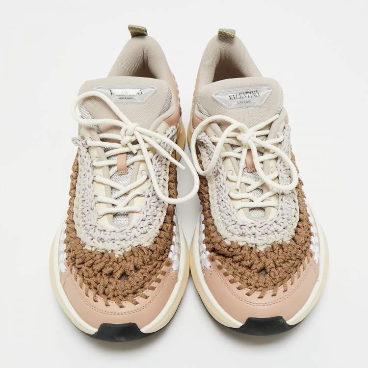 Pre Owned Valentino Multicolor Knit Fabric and Leather Easy Knot Lace Up Sneakers Size 39