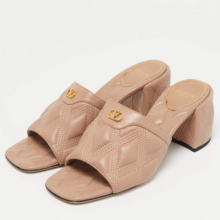 Pre Owned Valentino Dusty Pink Leather Quiltie 67 Slide Sandals Size 39