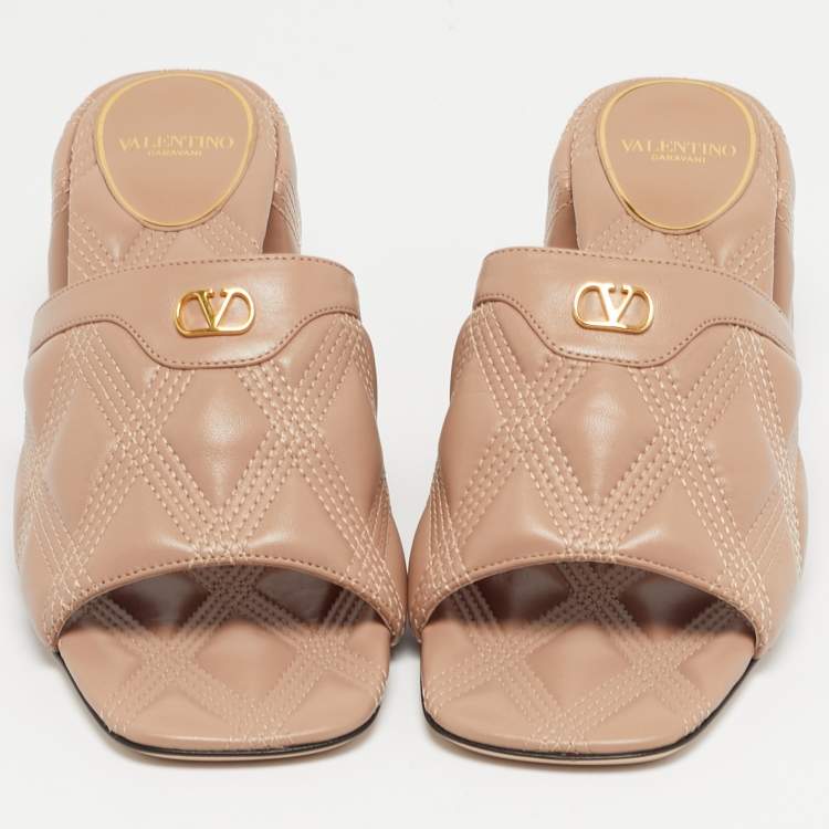Pre Owned Valentino Dusty Pink Leather Quiltie 67 Slide Sandals Size 39