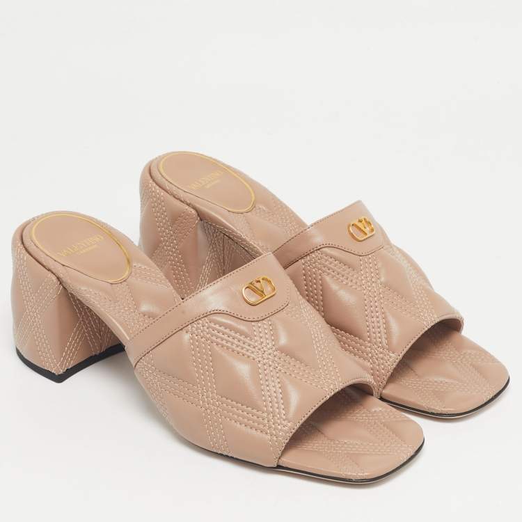 Pre Owned Valentino Dusty Pink Leather Quiltie 67 Slide Sandals Size 39