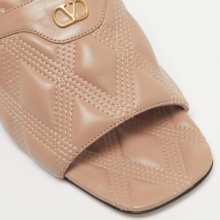 Pre Owned Valentino Dusty Pink Leather Quiltie 67 Slide Sandals Size 39