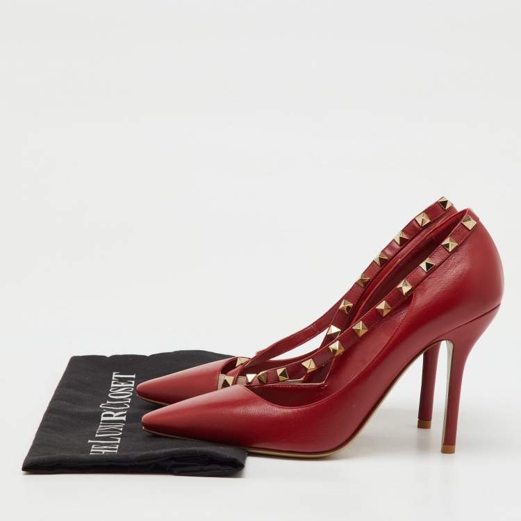 Pre Owned Valentino Red Leather Cross Strap Rockstud Pumps Size 39.5