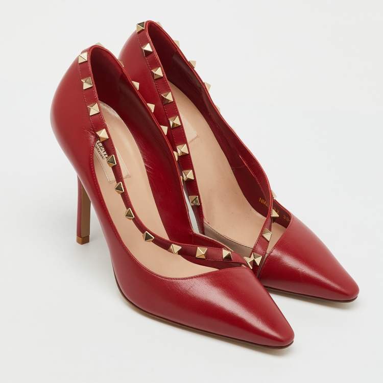Pre Owned Valentino Red Leather Cross Strap Rockstud Pumps Size 39.5