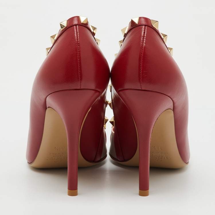 Pre Owned Valentino Red Leather Cross Strap Rockstud Pumps Size 39.5