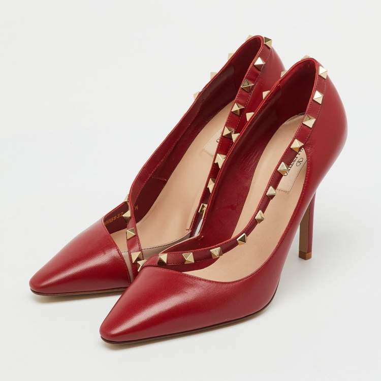 Pre Owned Valentino Red Leather Cross Strap Rockstud Pumps Size 39.5