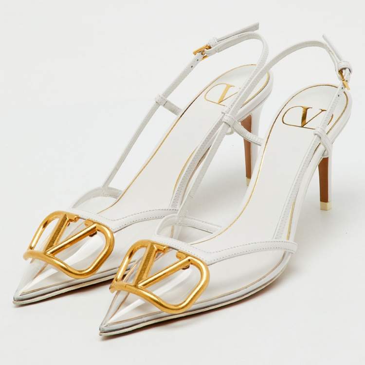 Pre Owned Valentino White/Transparent Leather and PVC VLogo Slingback Pumps Size 35