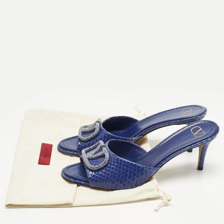 Pre Owned Valentino Blue Python Leather VLogo Slide Sandals Size 41