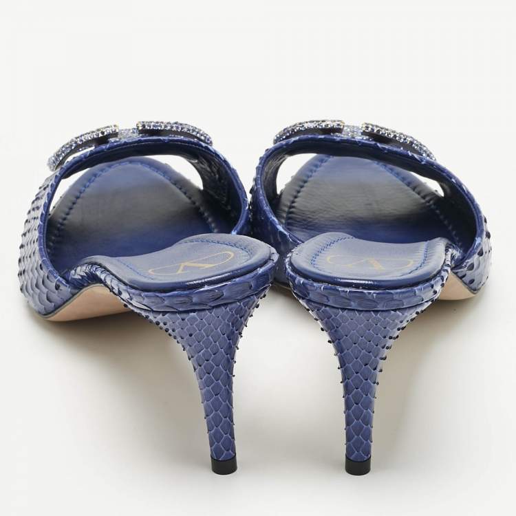 Pre Owned Valentino Blue Python Leather VLogo Slide Sandals Size 41