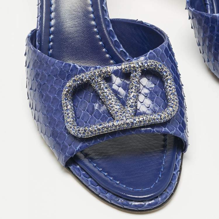 Pre Owned Valentino Blue Python Leather VLogo Slide Sandals Size 41