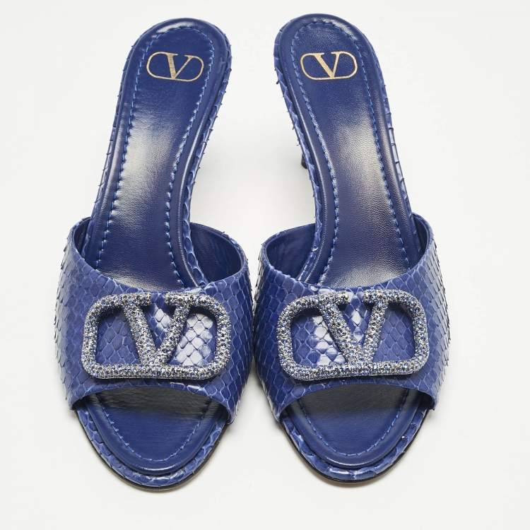 Pre Owned Valentino Blue Python Leather VLogo Slide Sandals Size 41