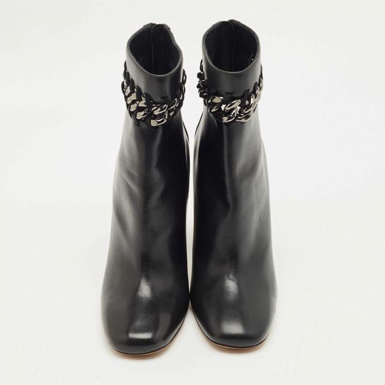 Pre Owned Valentino Black Leather Chain Link Ankle Length Boots Size 41