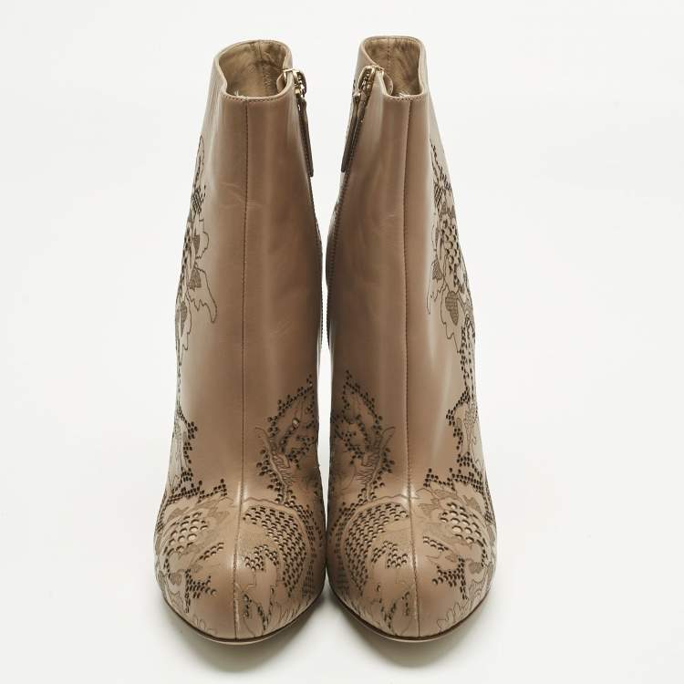 Pre Owned Valentino Beige Laser Cut Leather Platform Ankle Booties Size 39.5