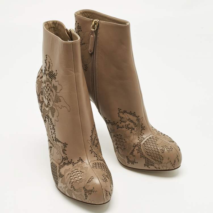 Pre Owned Valentino Beige Laser Cut Leather Platform Ankle Booties Size 39.5