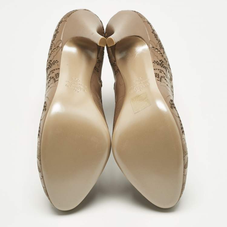 Pre Owned Valentino Beige Laser Cut Leather Platform Ankle Booties Size 39.5