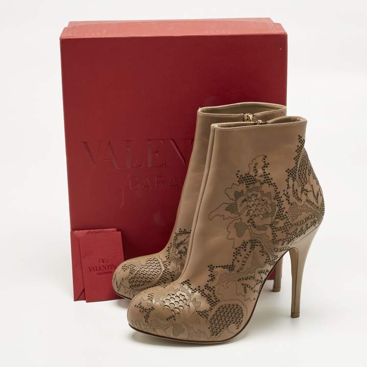 Pre Owned Valentino Beige Laser Cut Leather Platform Ankle Booties Size 39.5