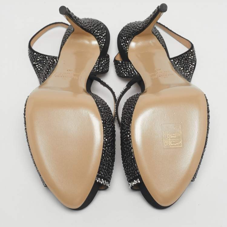 Pre Owned Valentino Black Suede Crystal Embellished Slingback Platform Sandals Size 40