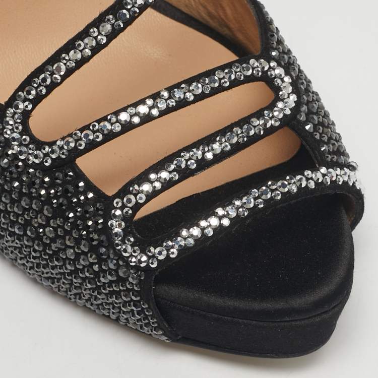 Pre Owned Valentino Black Suede Crystal Embellished Slingback Platform Sandals Size 40