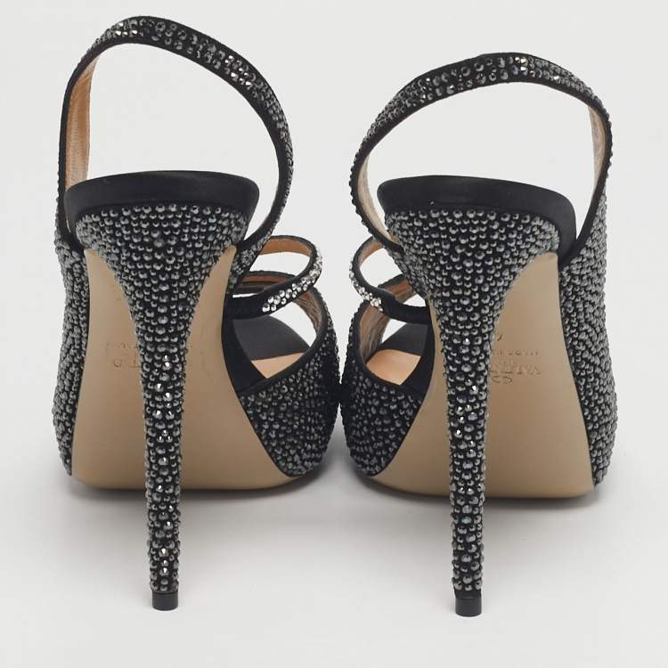 Pre Owned Valentino Black Suede Crystal Embellished Slingback Platform Sandals Size 40