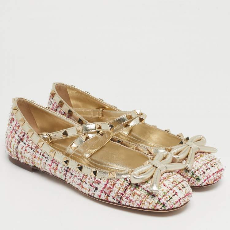 Pre Owned Valentino Multicolor Tweed and Leather Rockstud Ballet Flats Size 40