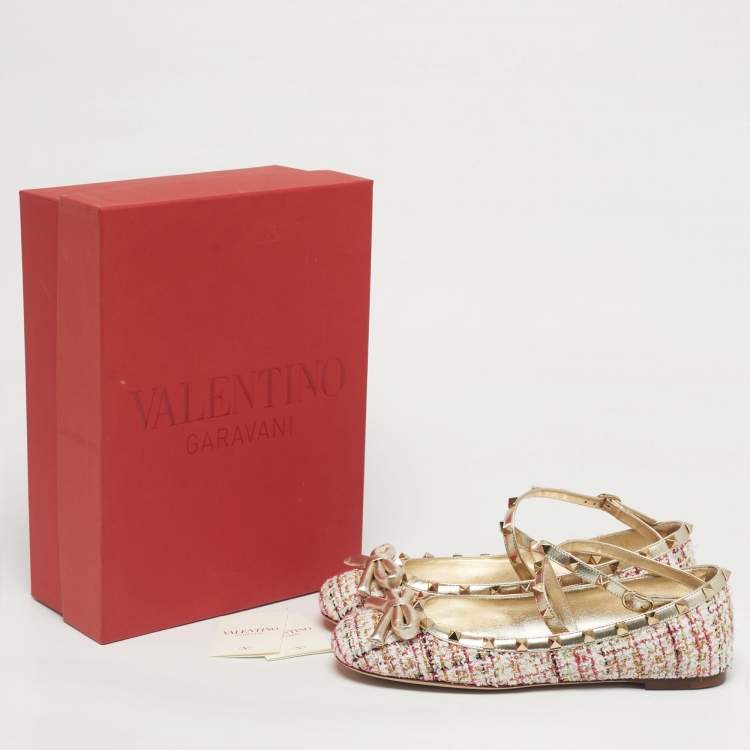 Pre Owned Valentino Multicolor Tweed and Leather Rockstud Ballet Flats Size 40