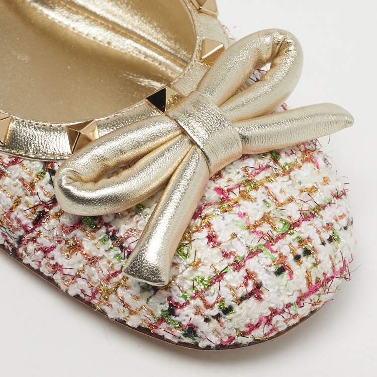 Pre Owned Valentino Multicolor Tweed and Leather Rockstud Ballet Flats Size 40