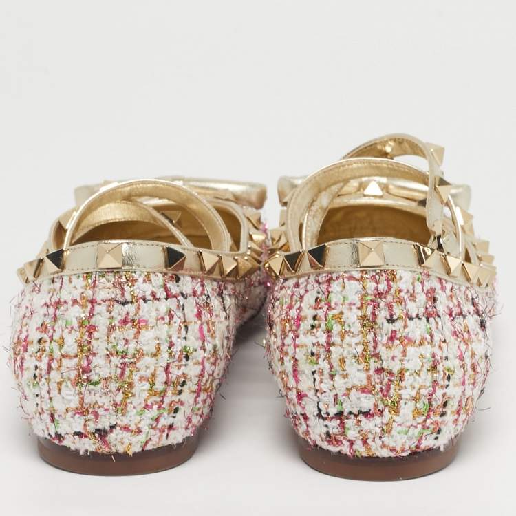 Pre Owned Valentino Multicolor Tweed and Leather Rockstud Ballet Flats Size 40