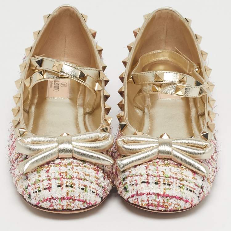 Pre Owned Valentino Multicolor Tweed and Leather Rockstud Ballet Flats Size 40