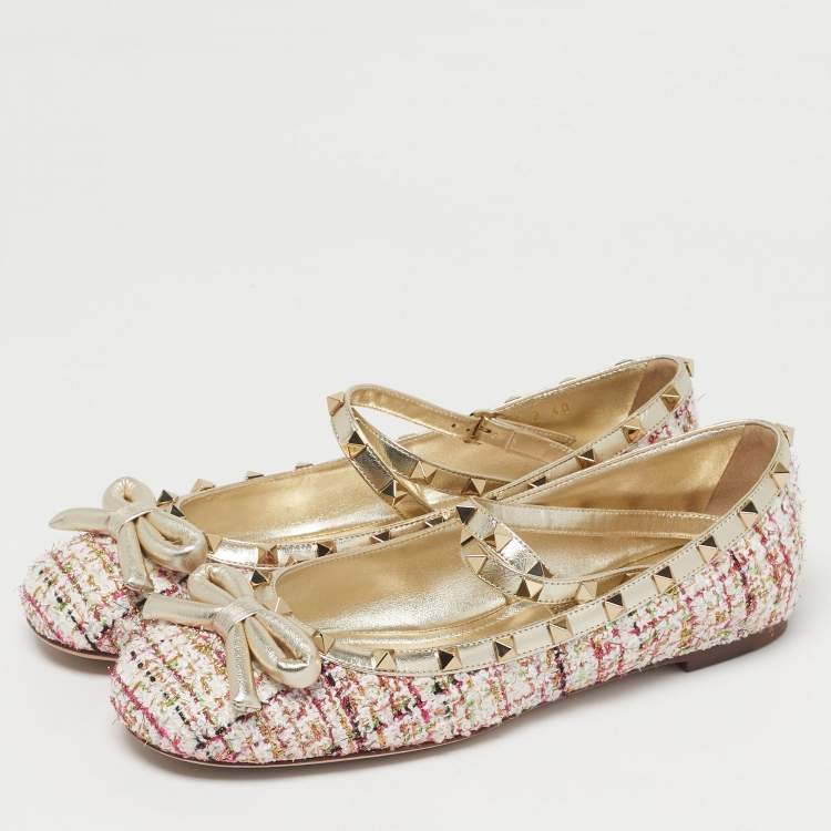 Pre Owned Valentino Multicolor Tweed and Leather Rockstud Ballet Flats Size 40