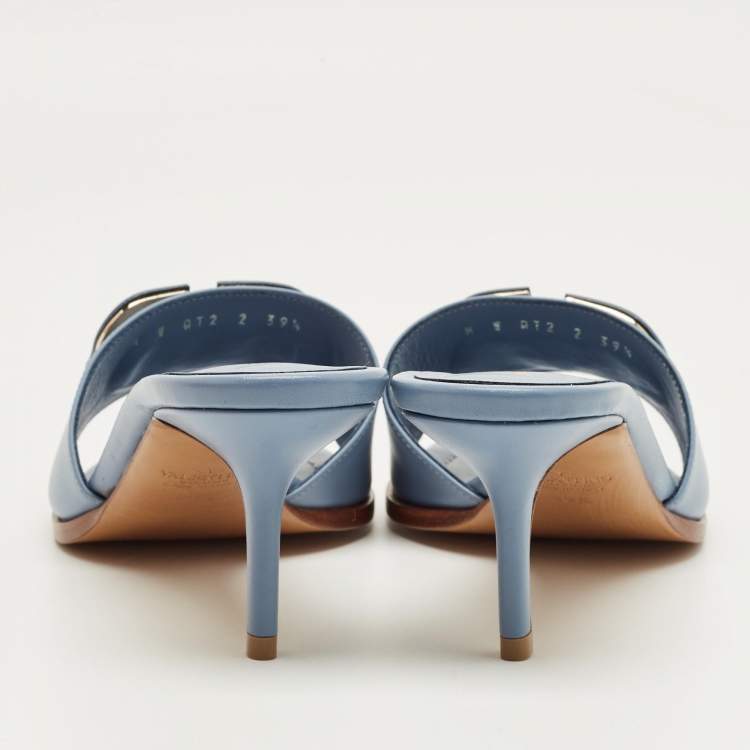 Pre Owned Valentino Blue Leather VLogo Slide Sandals Size 39.5